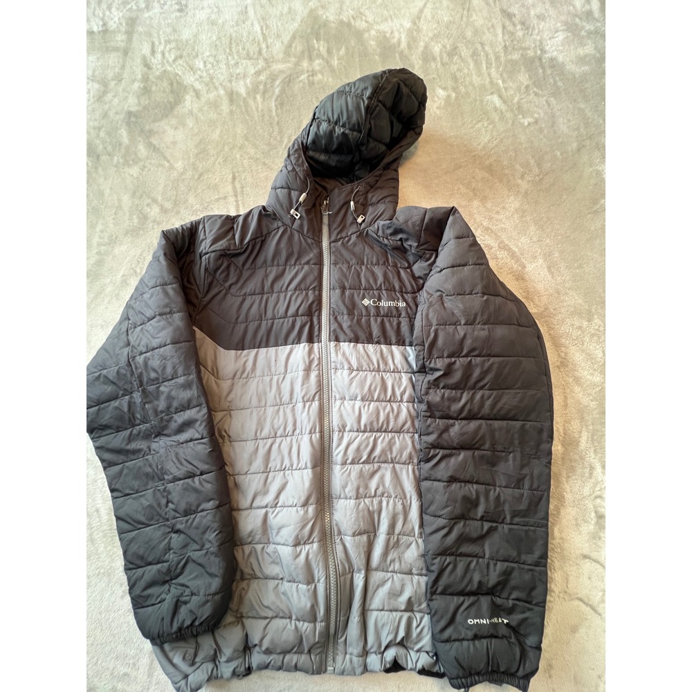 Columbia Puffer Jacket Mens Medium Gray Black Omni-Heat Hooded